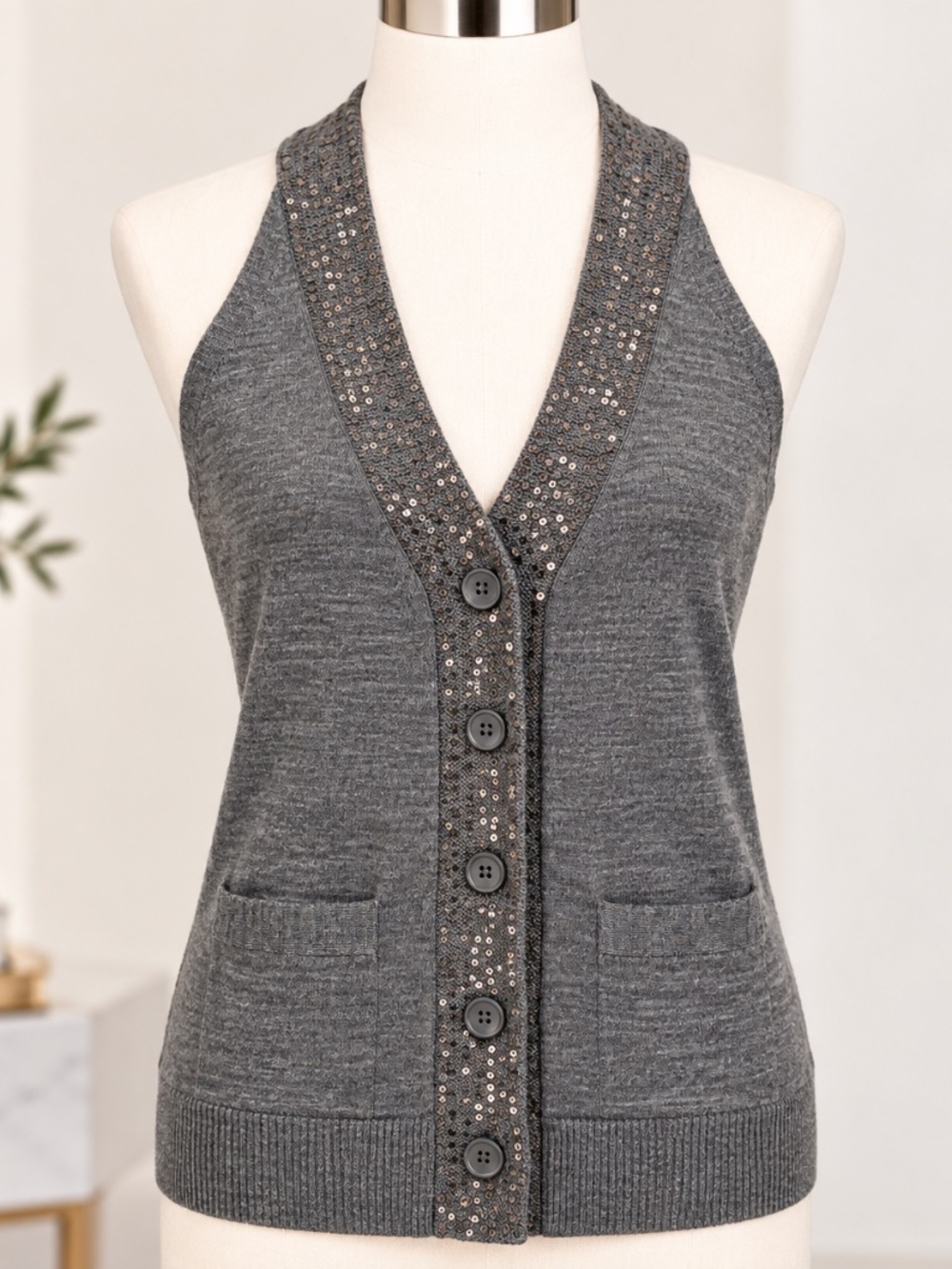 Wallace Women's Gray 100% Merino Wool Sequin V-Neck Button Vest Size S